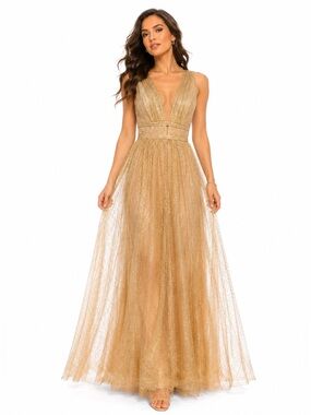 Gold Glitter Goddess Maxi Dress Deep V Sleeveless Formal Gown Size Medium